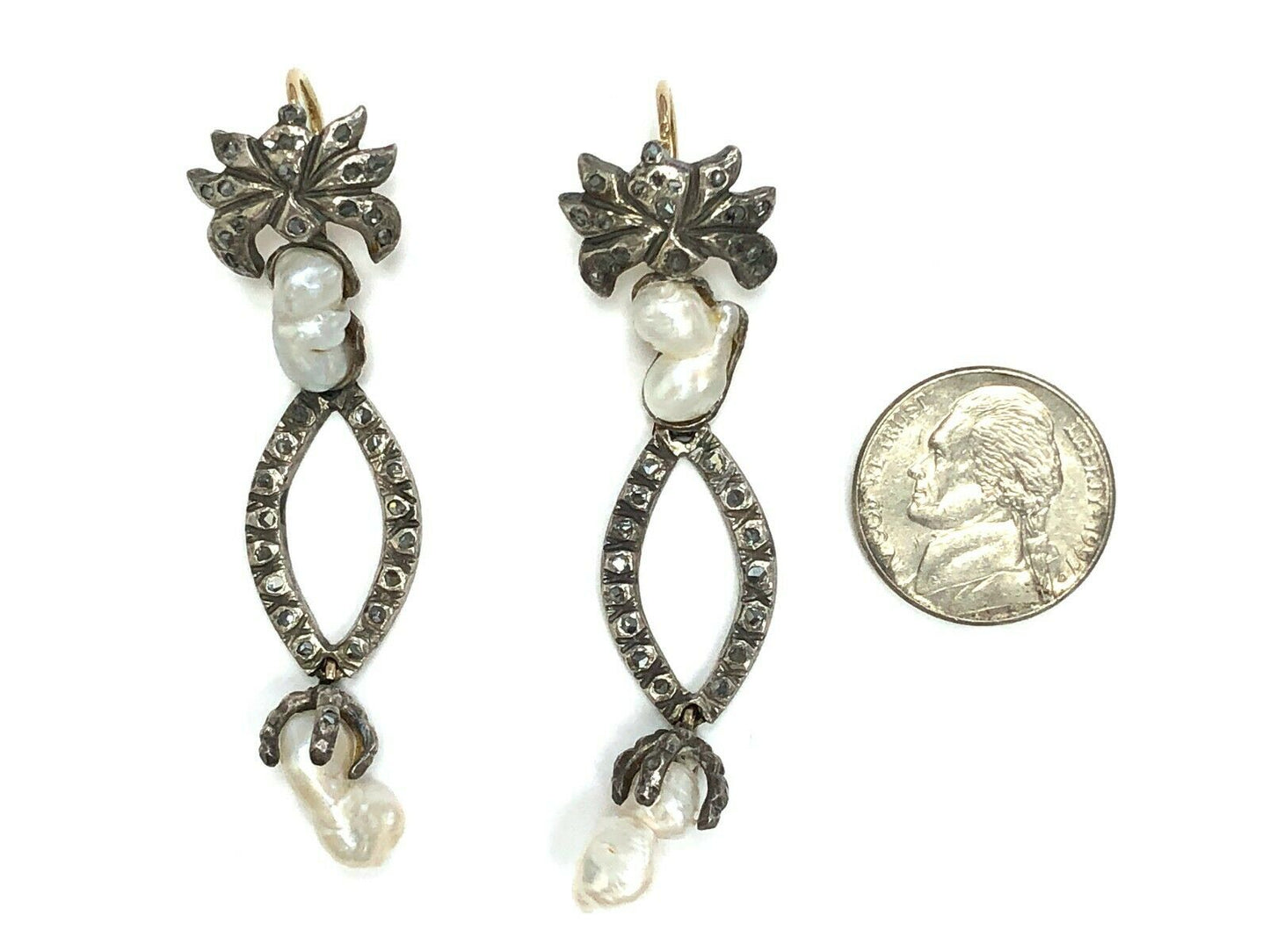 Georgian Era Repro Pearl & Rose Cut Diamond Silver-Topped Gold Ear Pendants