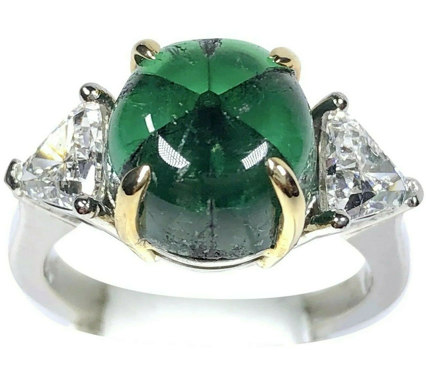 GRS 5.42 ct. Colombian Trapiche Emerald & Trillion Cut Diamond Ring in Platinum & 18K Gold