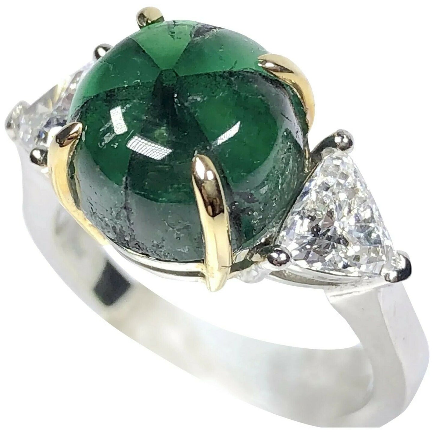 GRS 5.42 ct. Colombian Trapiche Emerald & Trillion Cut Diamond Ring in Platinum & 18K Gold