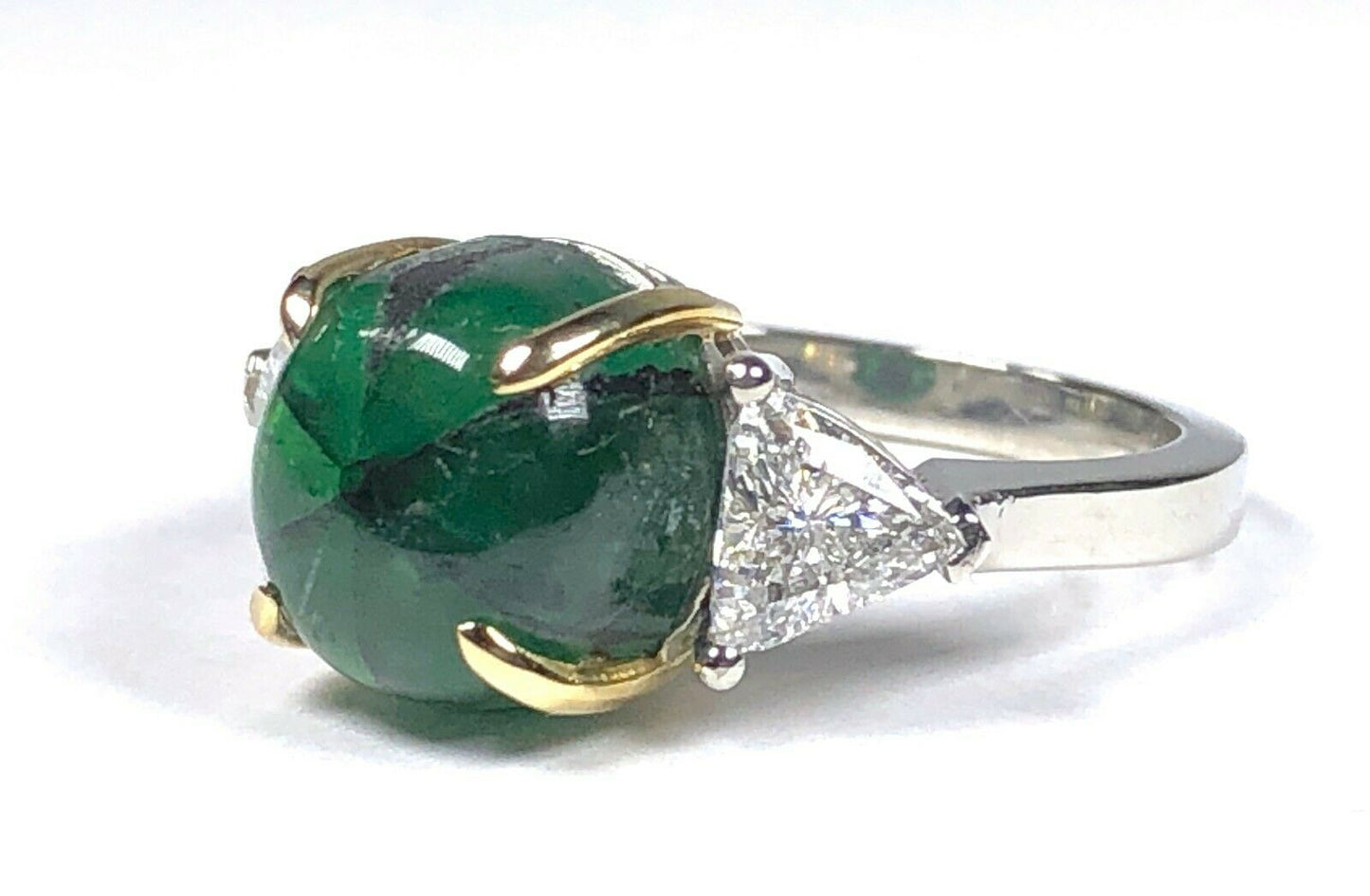GRS 5.42 ct. Colombian Trapiche Emerald & Trillion Cut Diamond Ring in Platinum & 18K Gold