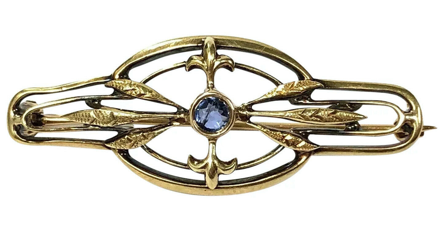 Art Nouveau Era Sapphire Brooch in 14K Gold
