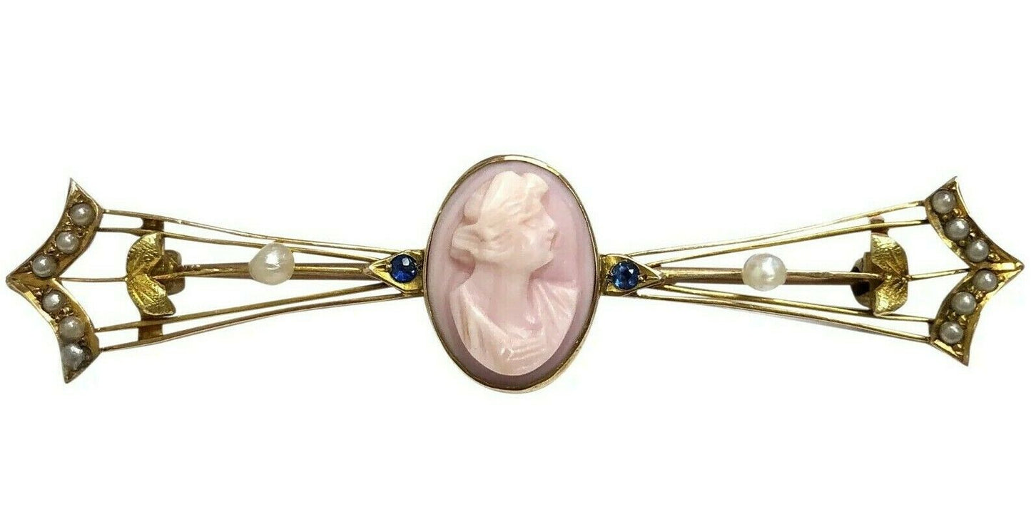 Art Nouveau Era Conch Shell Cameo, Sapphire & Seed Pearl Brooch in 10K Gold