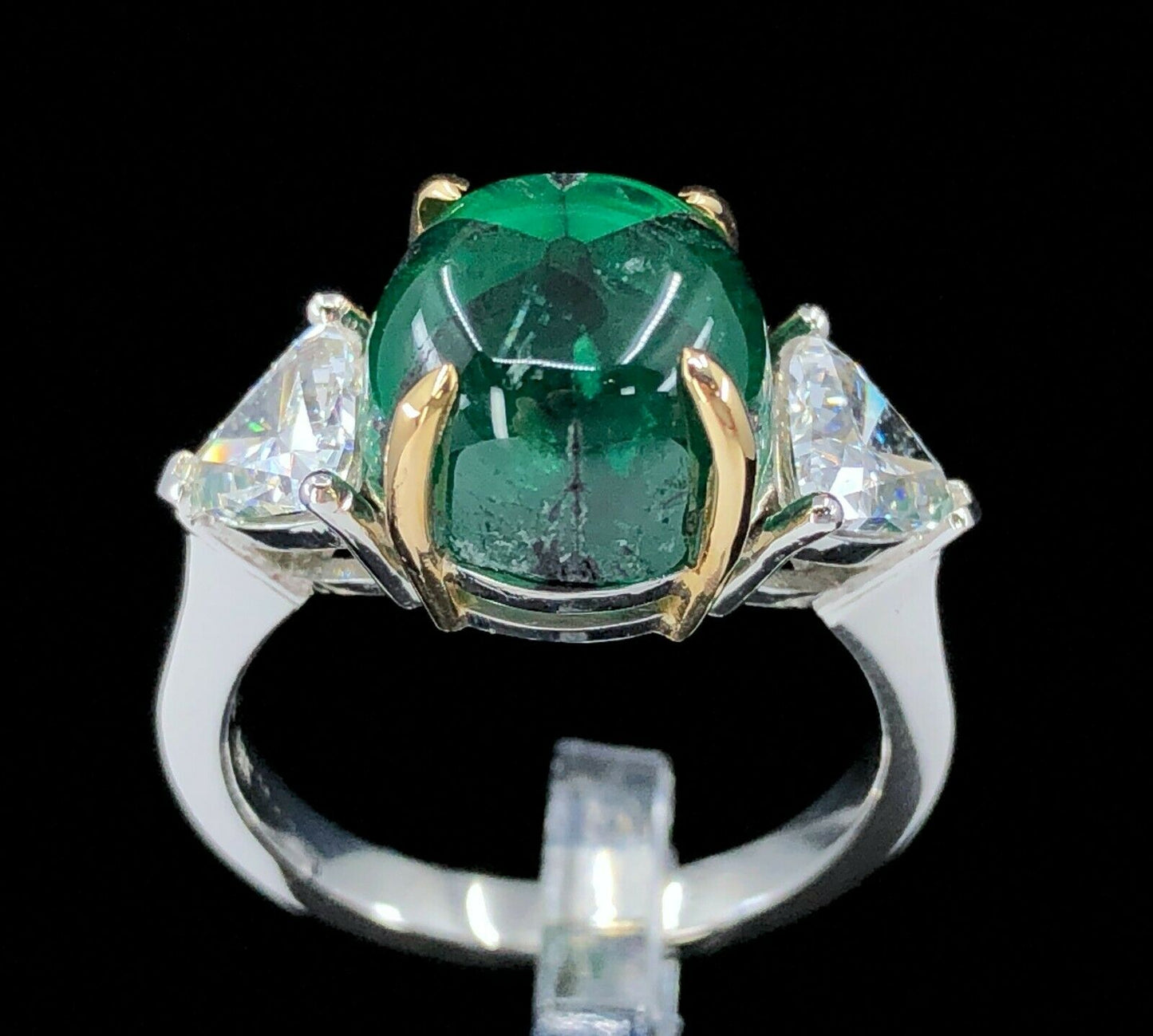 GRS 5.42 ct. Colombian Trapiche Emerald & Trillion Cut Diamond Ring in Platinum & 18K Gold