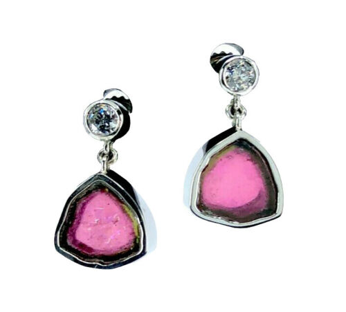 Watermelon Tourmaline & Diamond Earrings in Platinum