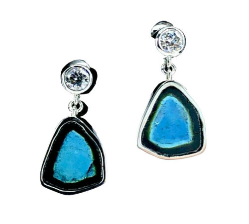 Blue Tourmaline Slice & Diamond Earrings in Platinum