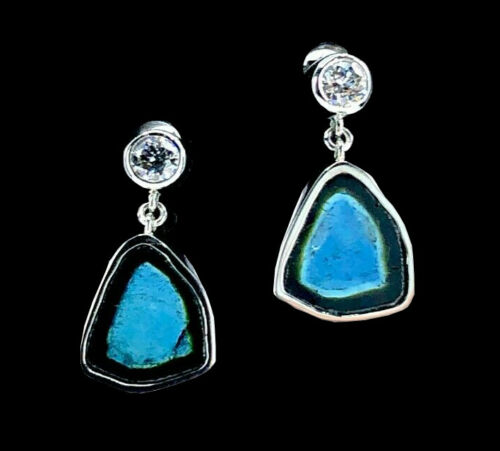 Blue Tourmaline Slice & Diamond Earrings in Platinum