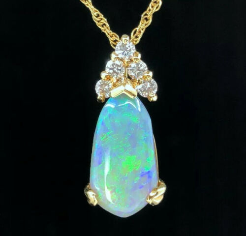 Vintage Precious Opal & Diamond Pendant Necklace in 18K Gold