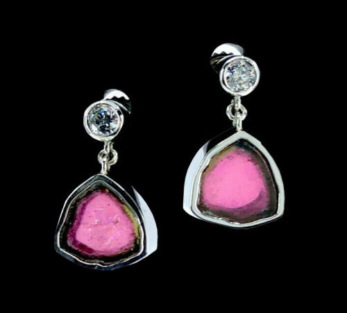 Watermelon Tourmaline & Diamond Earrings in Platinum